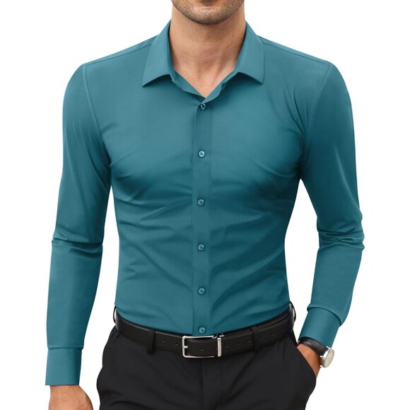 Men's Turquoise Long Sleeve Slim Muscle Fit Wrinkle Free Button Down Dress Shirt - Picture 1 of 9